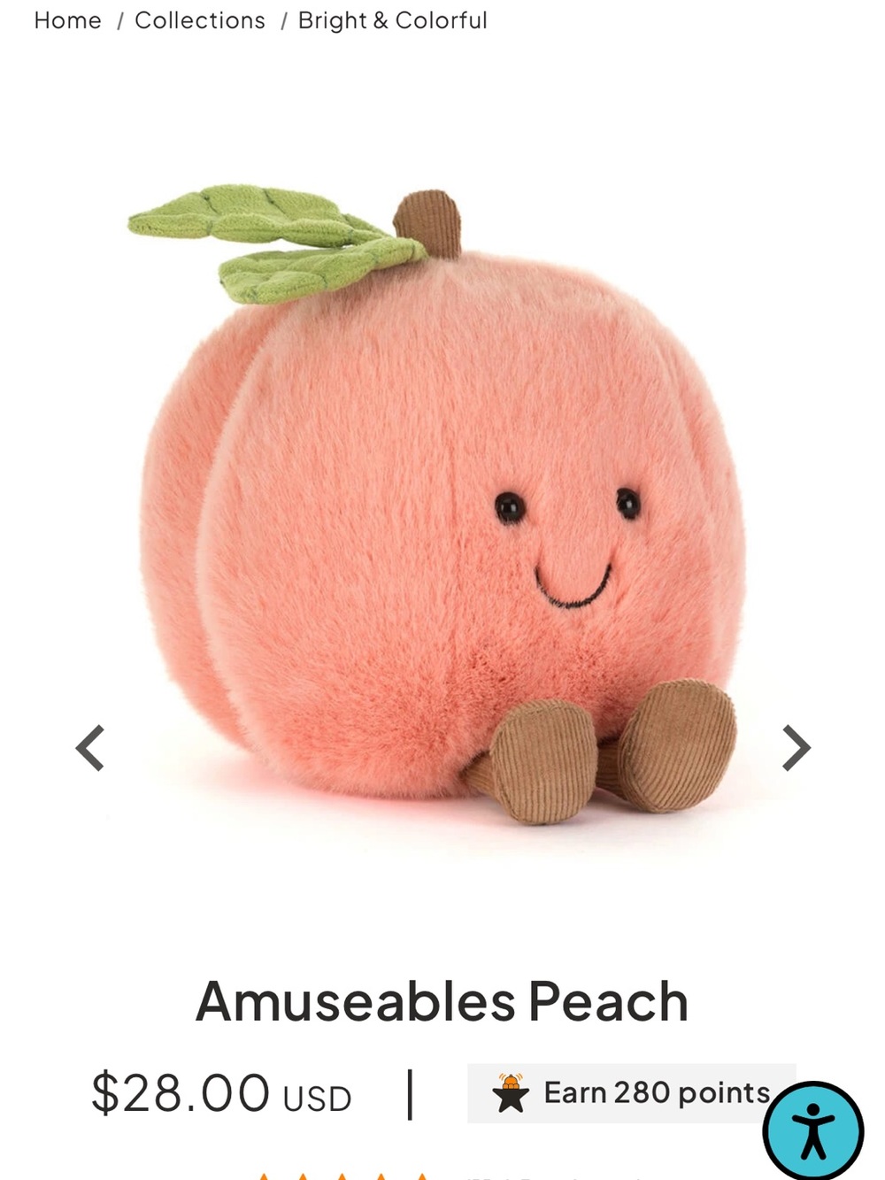 Jellycat Amuseables Peach Plush - Blush Peach with Green Leaf